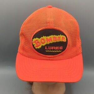 NOS Rare Vintage BOMBER LURES Fishing Hat Cap Orange Full Mesh Large DeLong USA